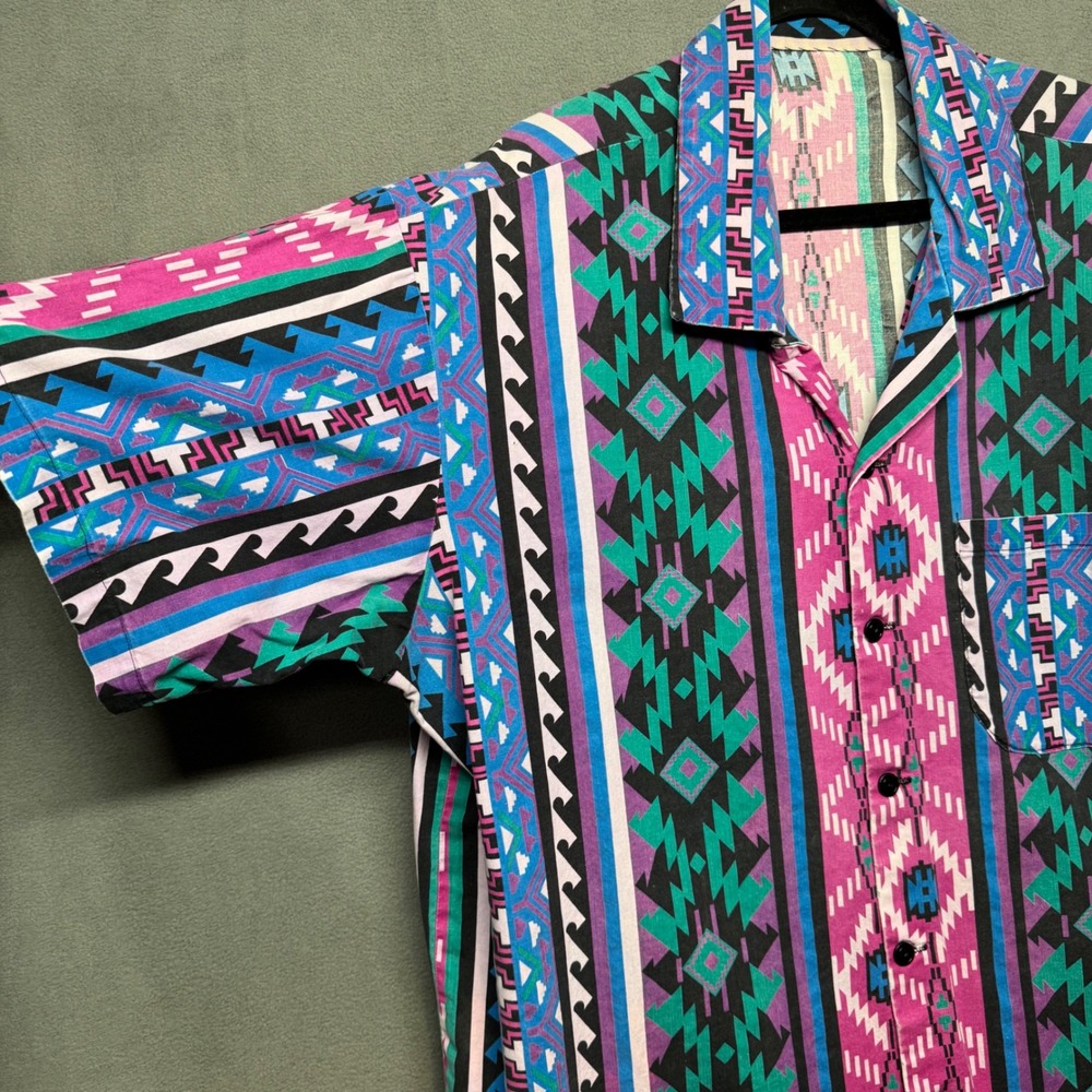 Vtg Handmade Button Up Shirt 90s Aztec Southwestern Pattern Multi-Color Retro - Picture 3 of 14